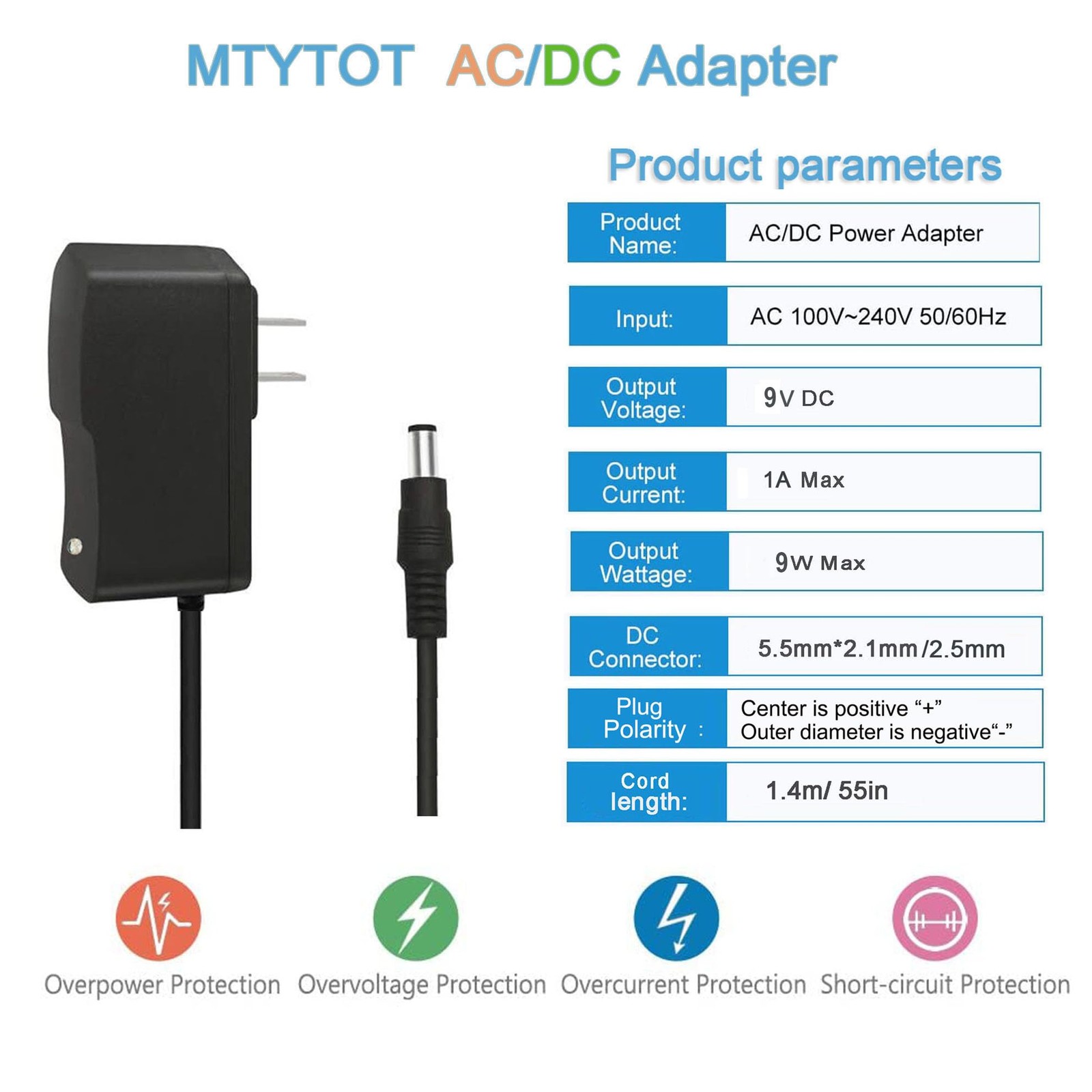 9V DC Power Supply 1A AC Adapter, 100-240V 50/60Hz 9 Volts 1Amp 600mA Transforme