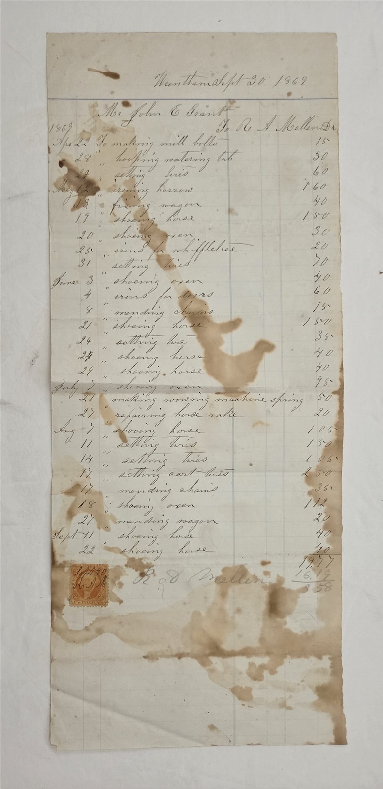 1869 antique JOHN E GRANT BLACKSMITH BILLHEAD wrentham ma R A MELLEN RECEIPT