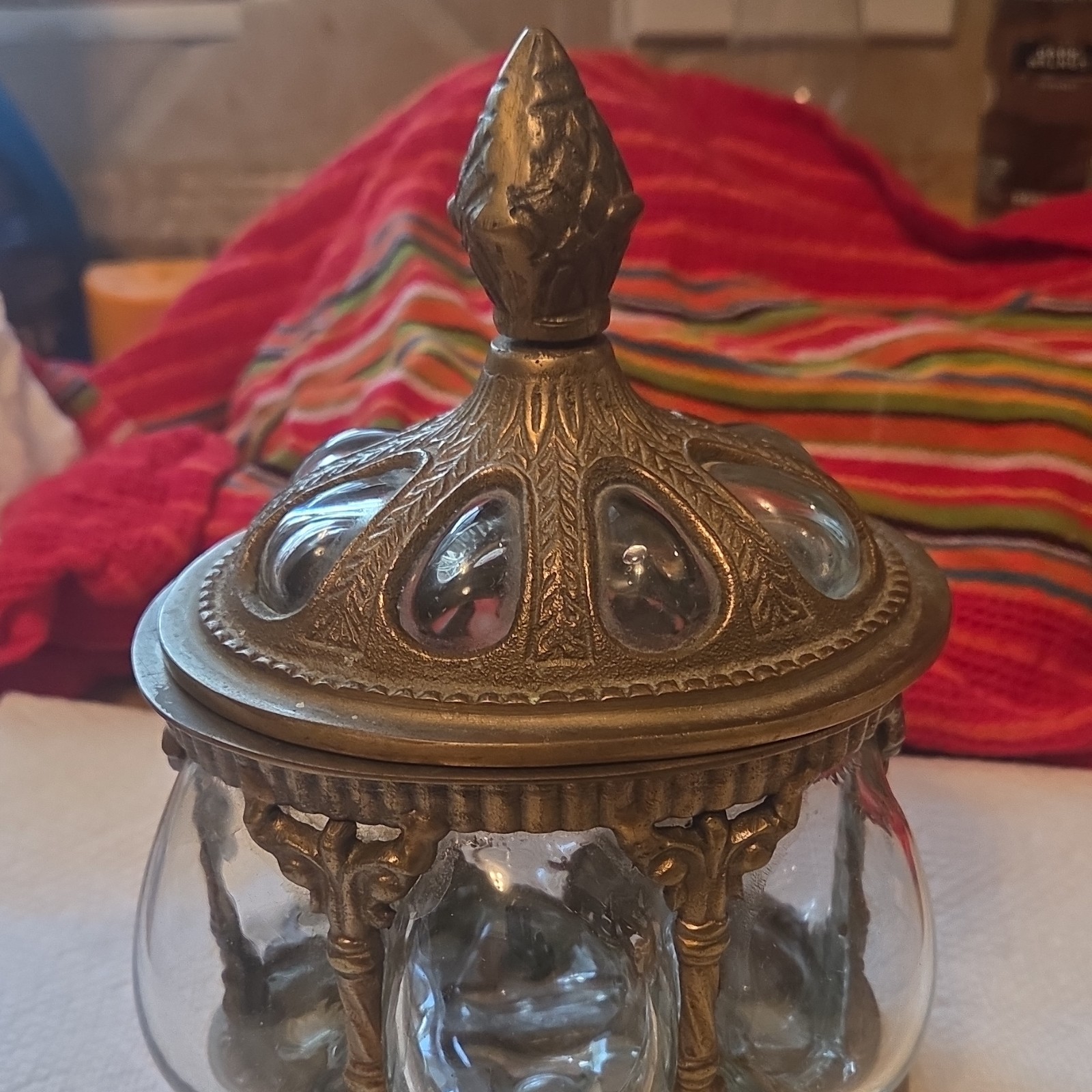 vintage Baroque style hand blown bubble glass and brass lidded apothecary jar. 