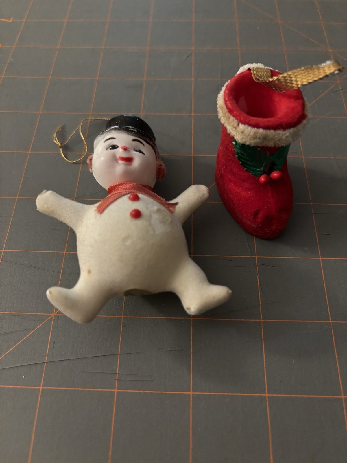 Vintage Flocked Christmas Ornaments Snowman And Santa Boot Lot