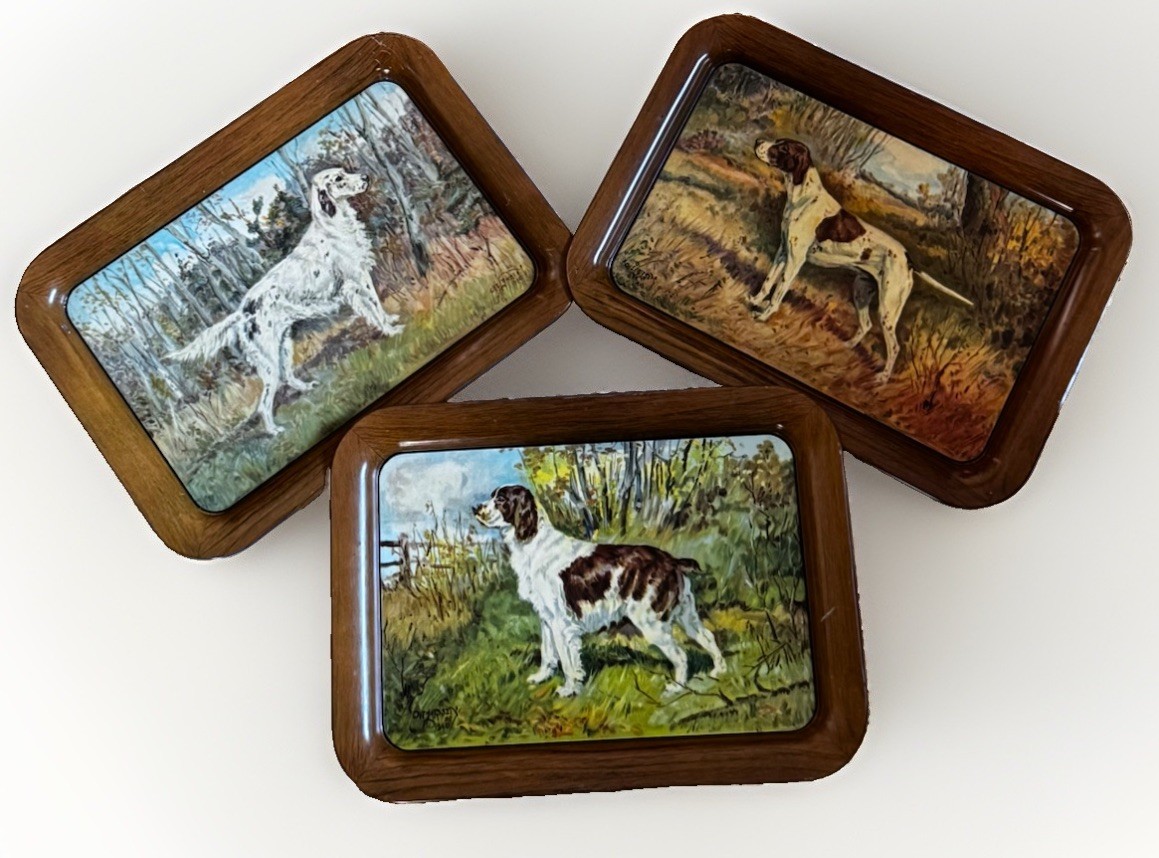 3 VTG Ole Larsen Hunting Dogs Metal Tray  American Can Co. Irish Setter Pointer