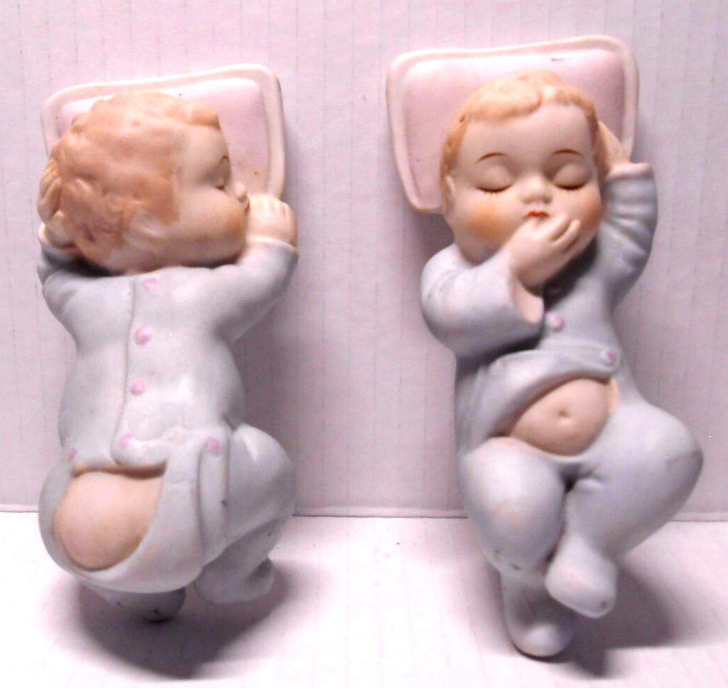 2 VTG Lefton Porcelain Bisque Sleeping Baby Figurines Wall Plaques Pillow Japan
