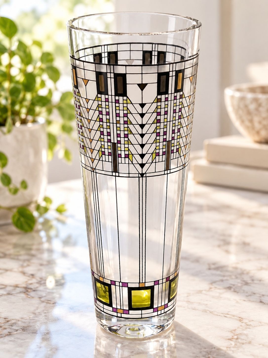 Frank Lloyd Wright Glass Vase Tall Stained Glass Design Yellow Purple 