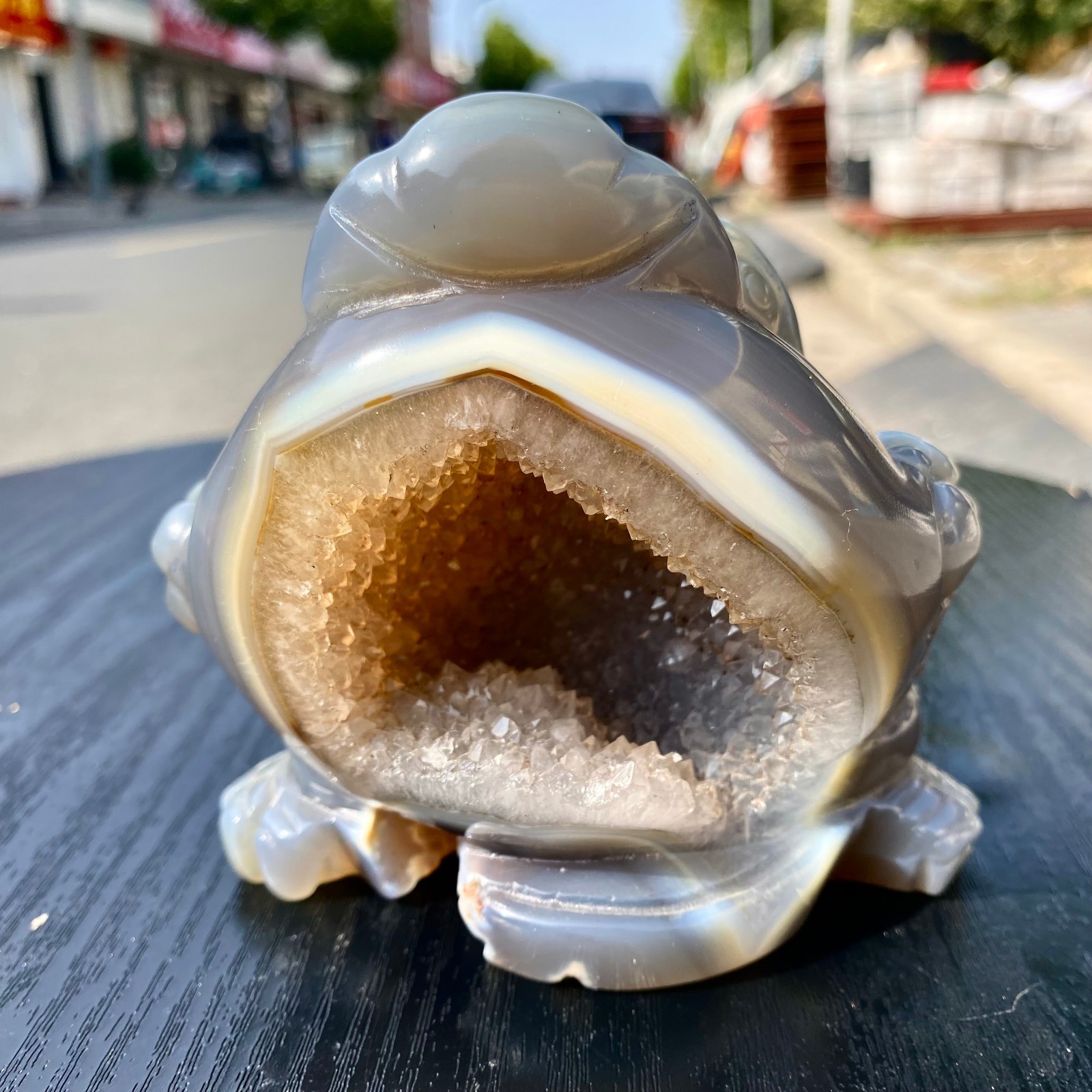 1.4LB Natural Amethyst agate geode quartz crystal Hand carved Golden Toad