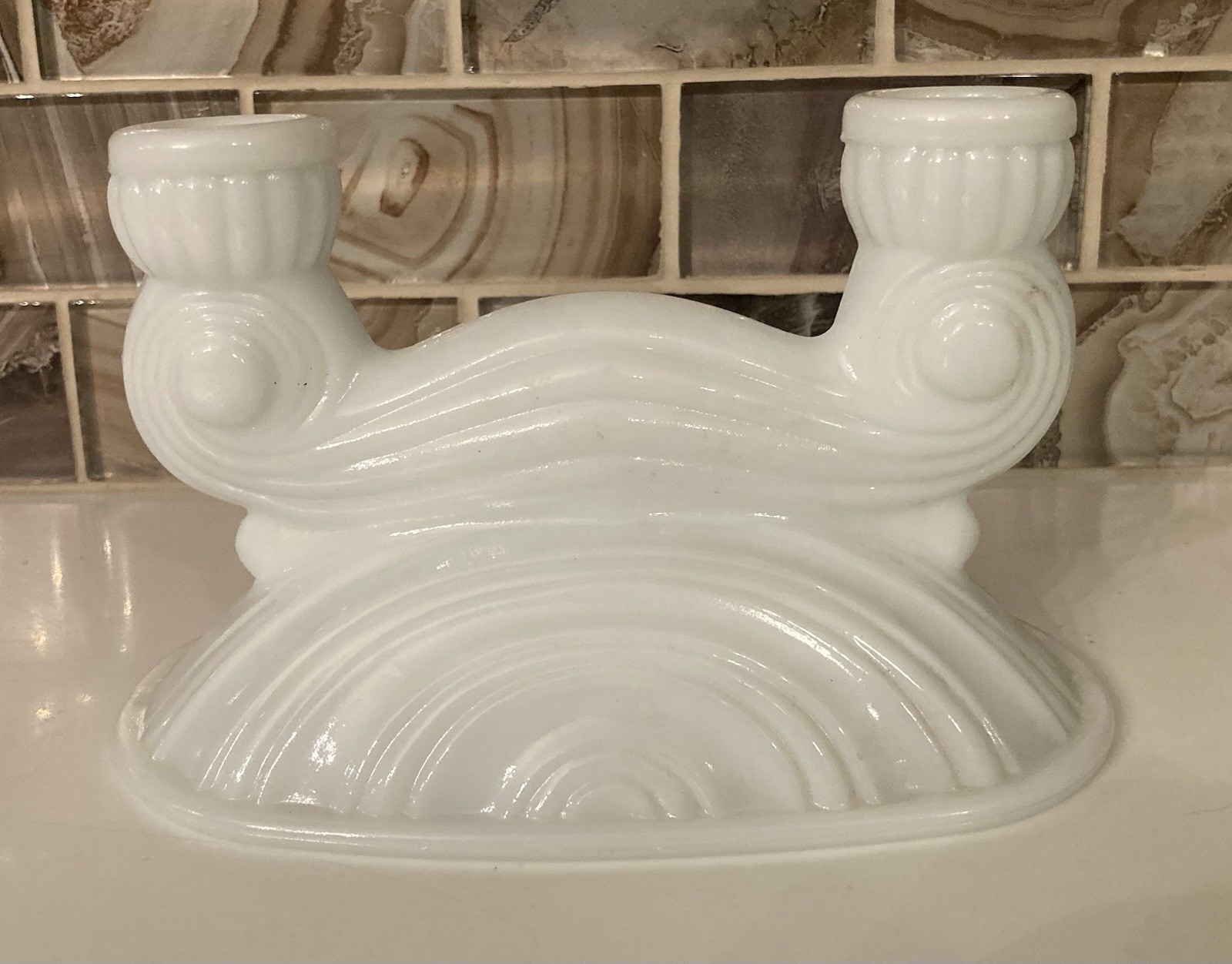 VTG McKee Milk Glass Double Candlestick Holder Art Deco Curved Wave & Scroll
