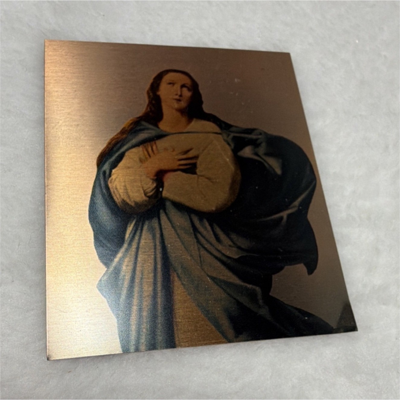 Mother Mary Christain Small Copper Metal Picture Plaque Print w/ Sleeve Vintage