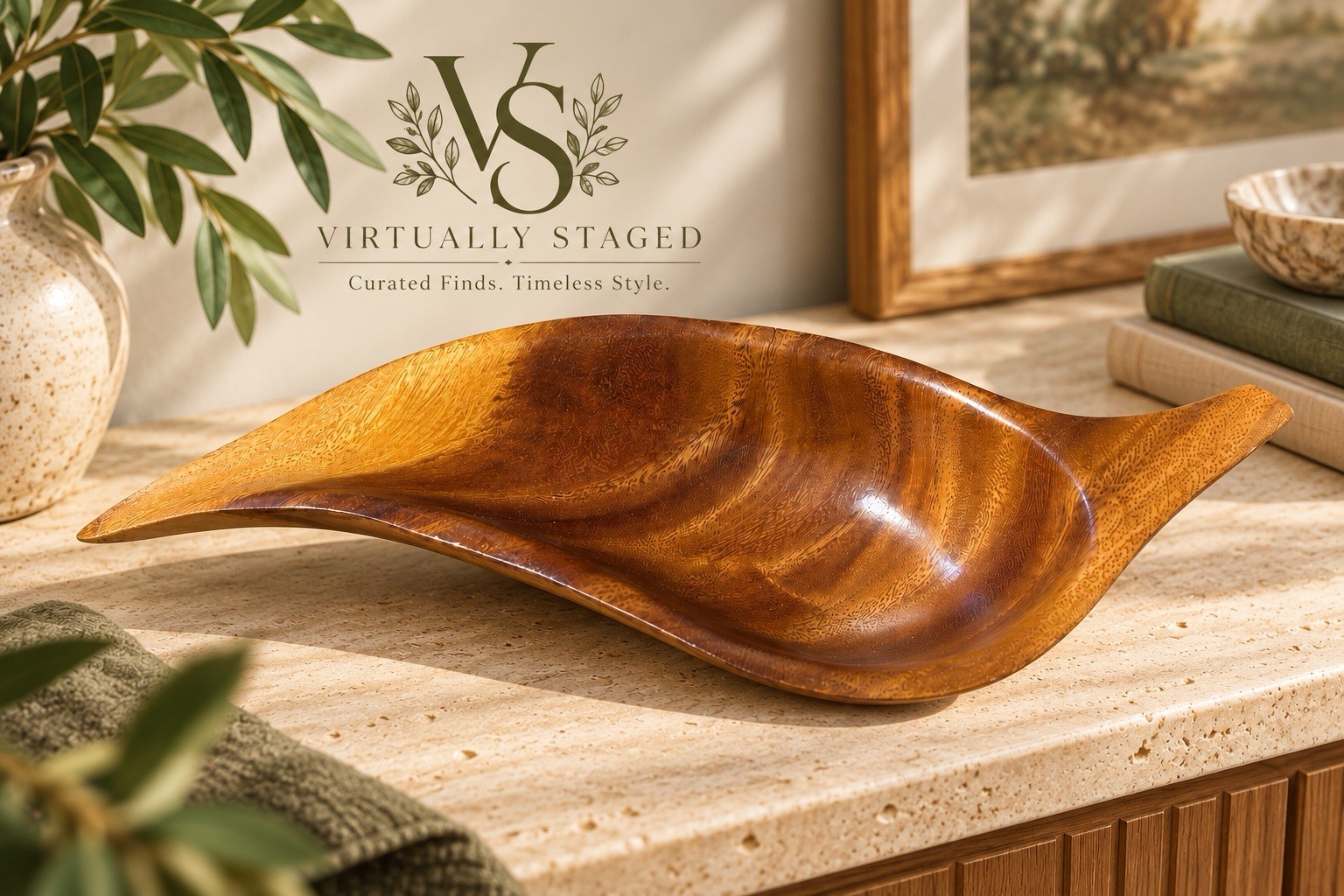 Carved Wood Leaf Bowl Freeform Sculptural Trinket Dish MCM Style Decor