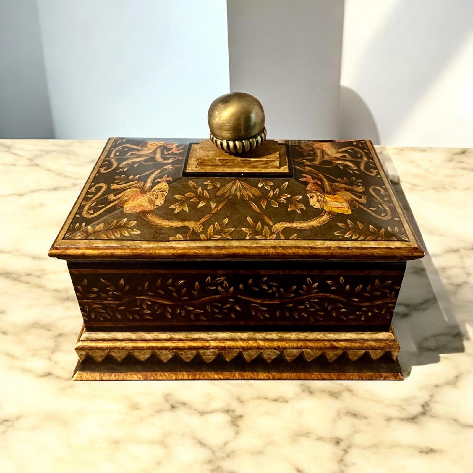 Vintage Hilda Flack Black Gold Finish Hinged Box with Monkeys Flaw 