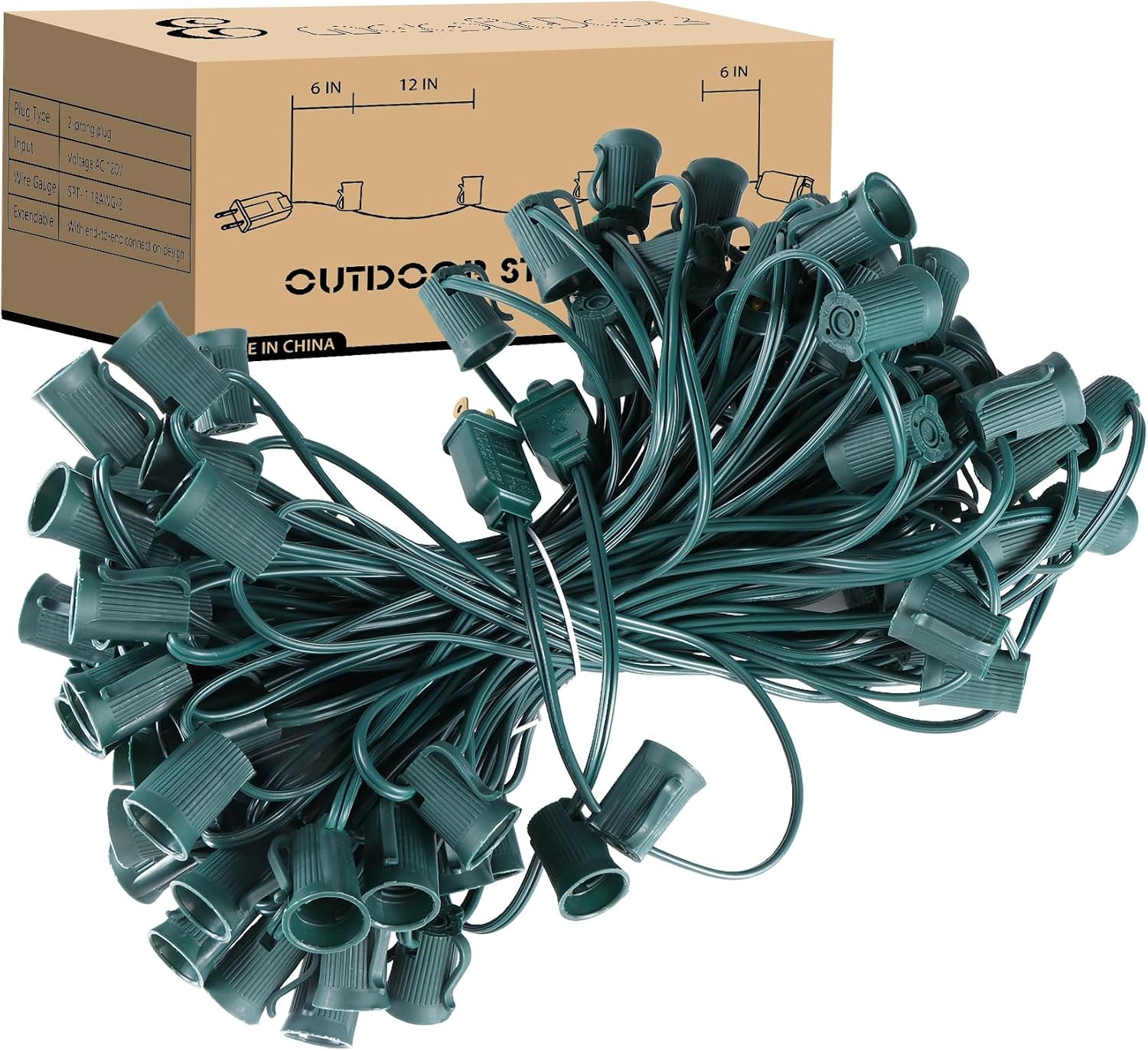 Green C9 Christmas Outdoor String Lights 100FT