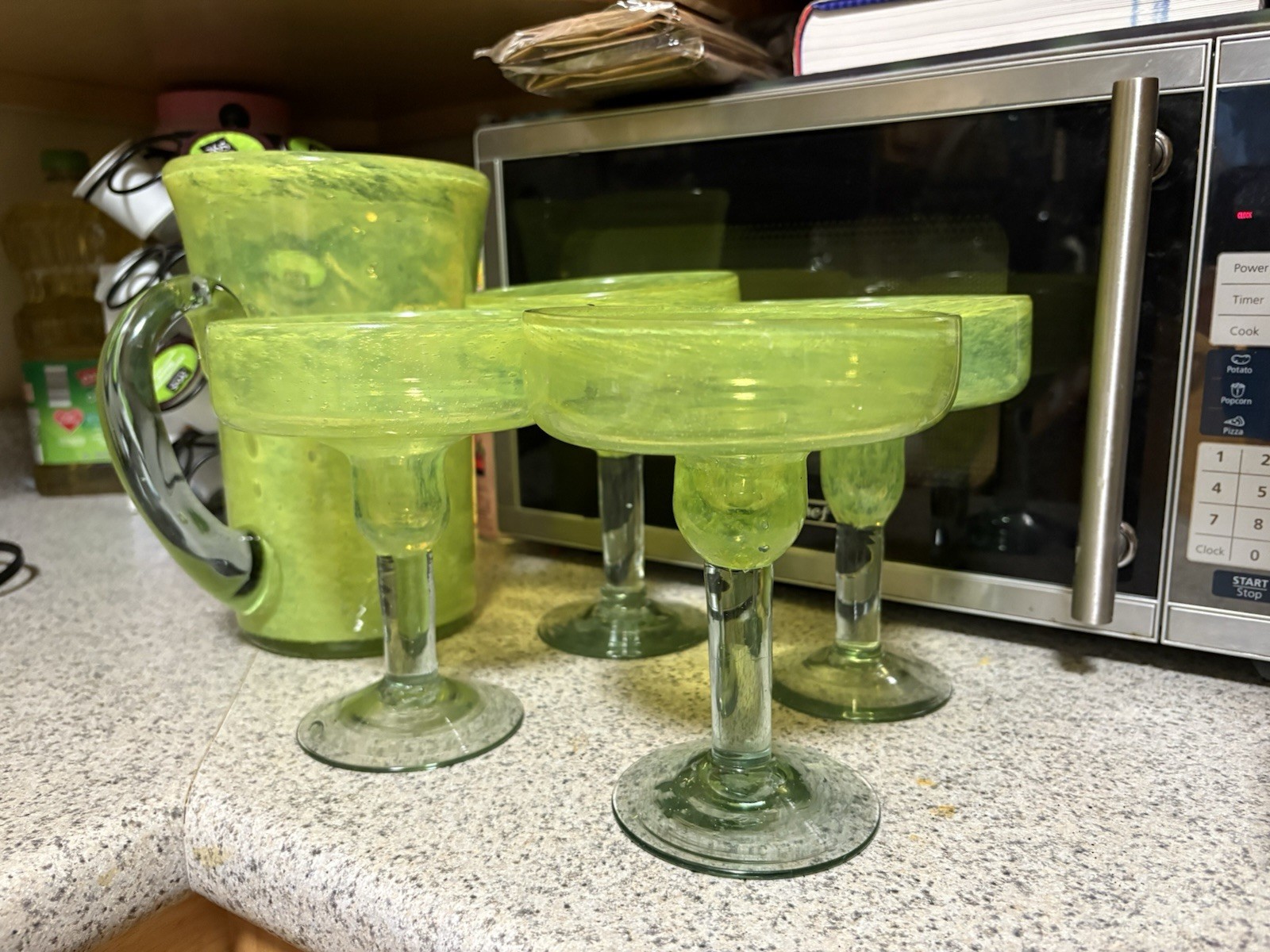 Vintage 1940s Hand Blown Green Margarita Pitcher & 4 Glasses Set. Pontil Marks