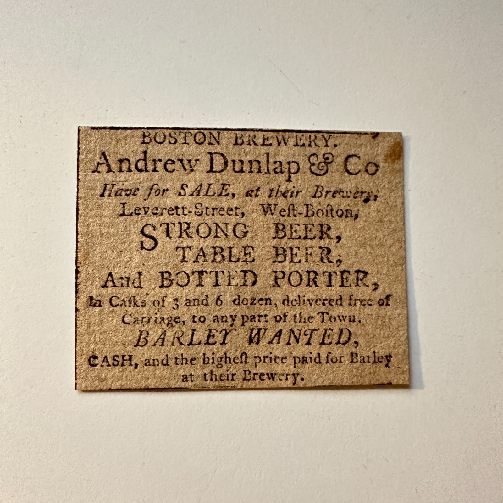 Boston Brewery Andrew Dunlap & Co Beer For Sale W Boston 1799 Clipping 5AK9-S9