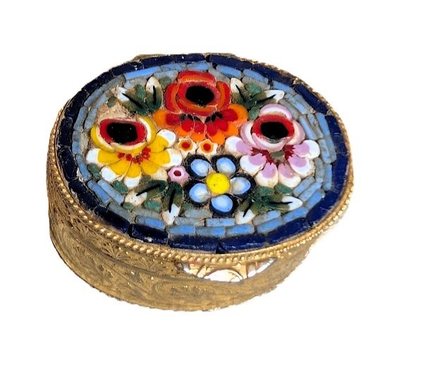 Vintage Murano Italy Micro Mosaic  Flowers Hinged Mini Trinket/Pill Box