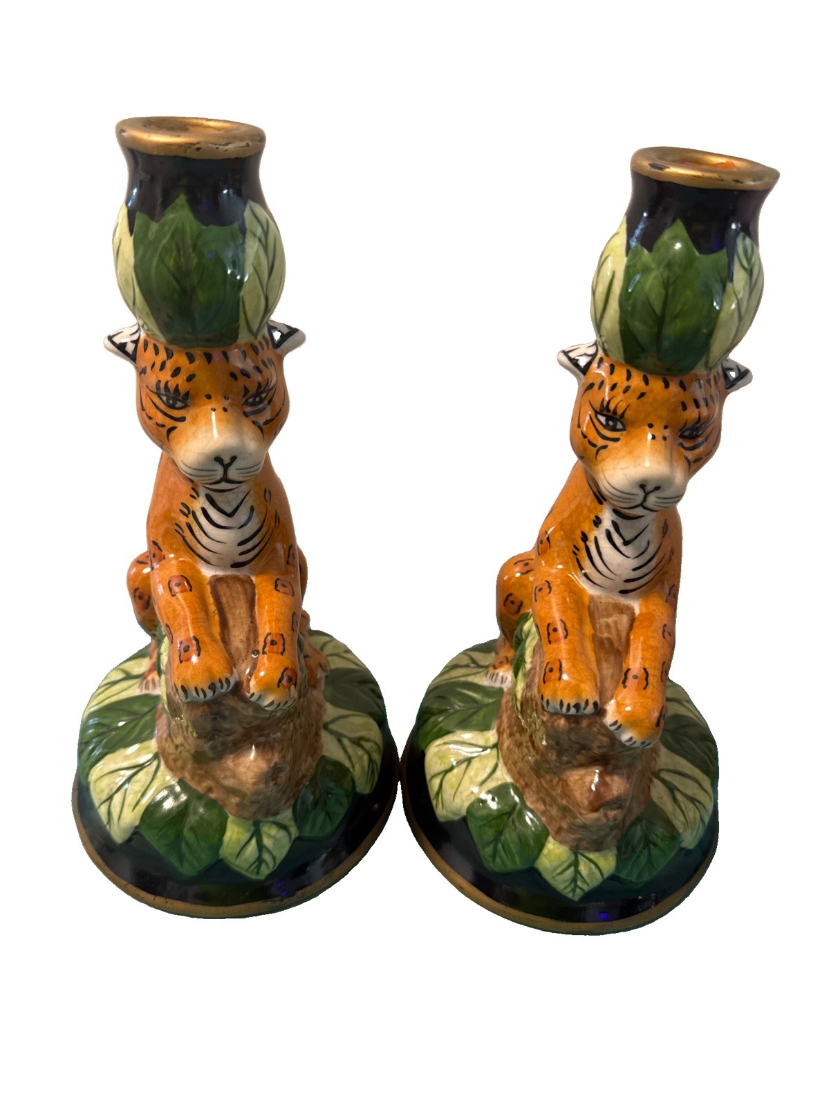 LYnn Chase. 2  CBK LTD Porcelain Jaguar Jungle Cat Candlestick Holders. 9”.