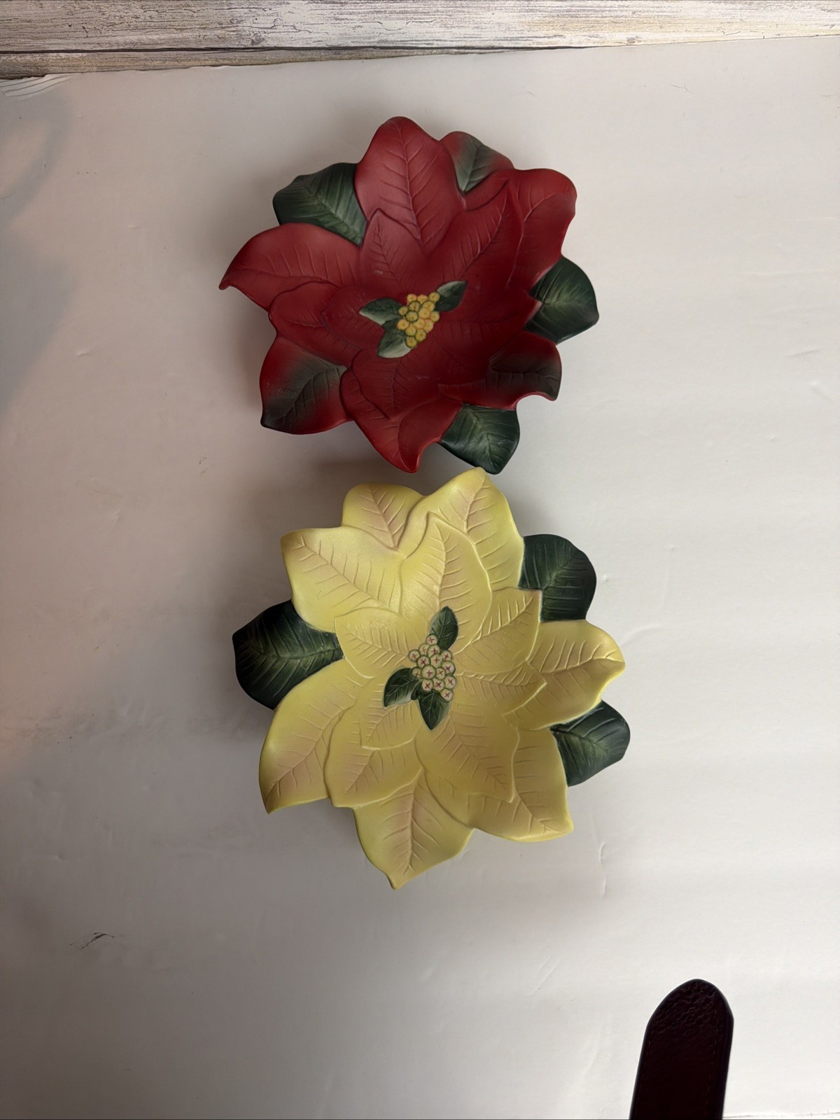 PartyLite Poinsettia Pair Ceramic Flowers Christmas Decor Red and Yellow