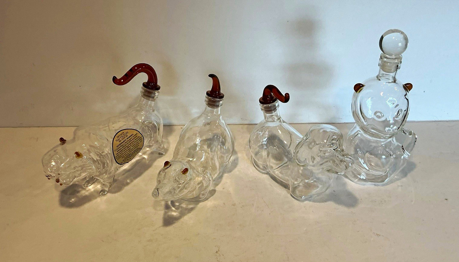 Vintage Set 4 Napoleon Figural Animal Clear Glass Brandy Liquor Bottles France