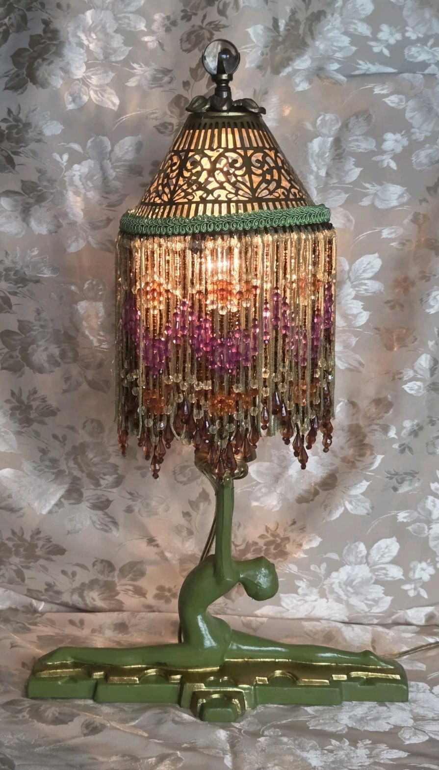 Vintage Art Nouveau Lady Figurine Lamp Nude Metal Beaded Shade SARSAPARILLA