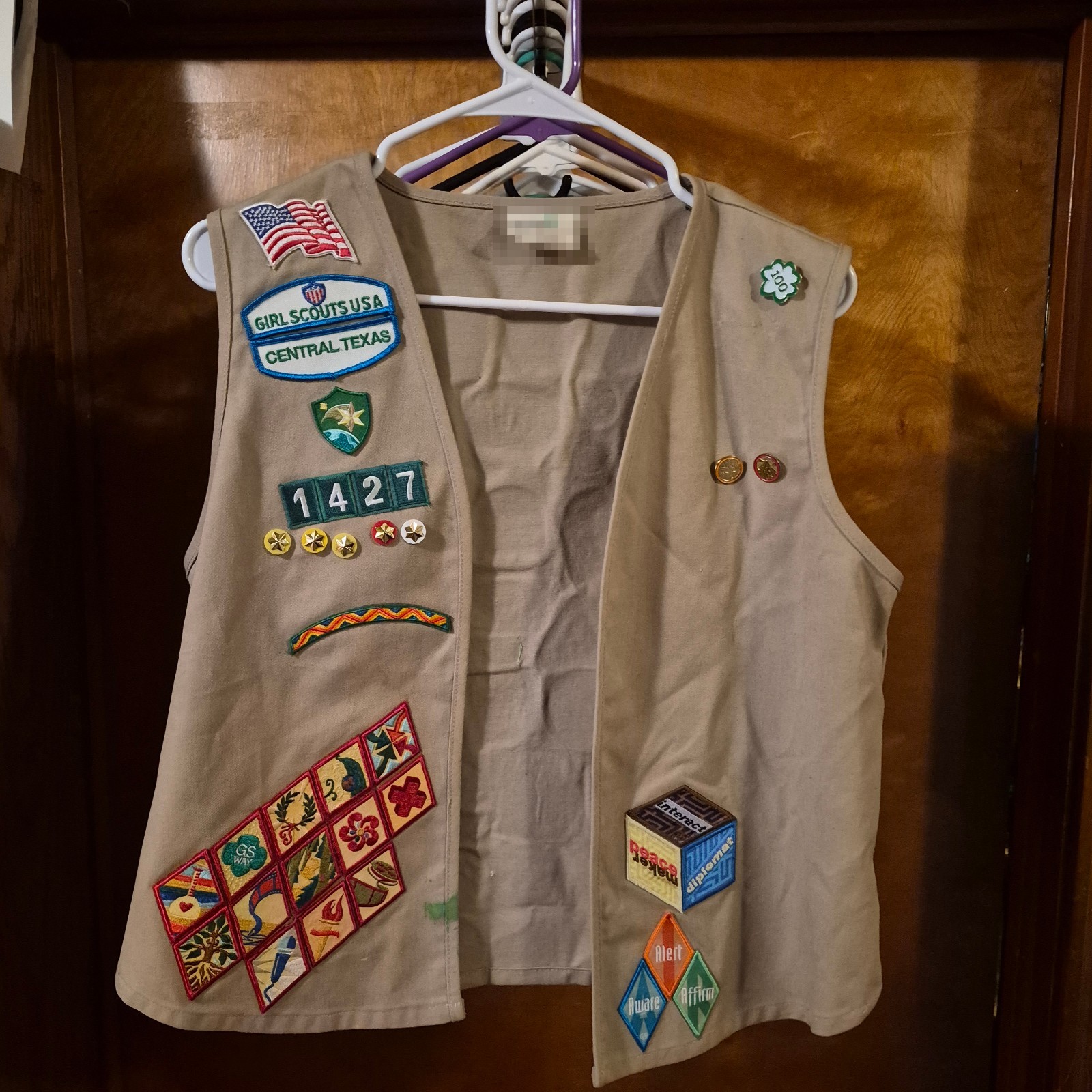 Girl Scouts Junior Vest Central Texas 60+ Patches Pins 2013-2015 Badges Khaki