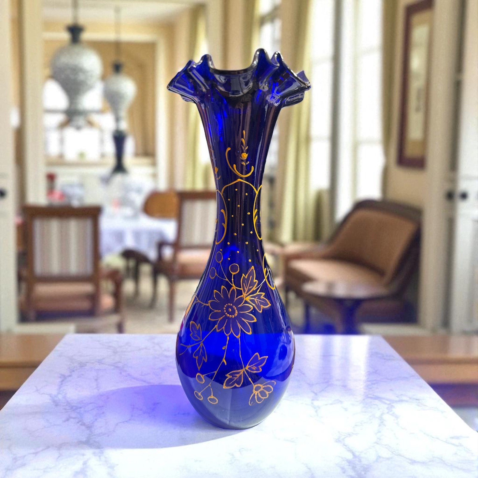 Cobalt Hand Blown Blue Glass Vase with Floral Painted Enamel Detail 12.5\