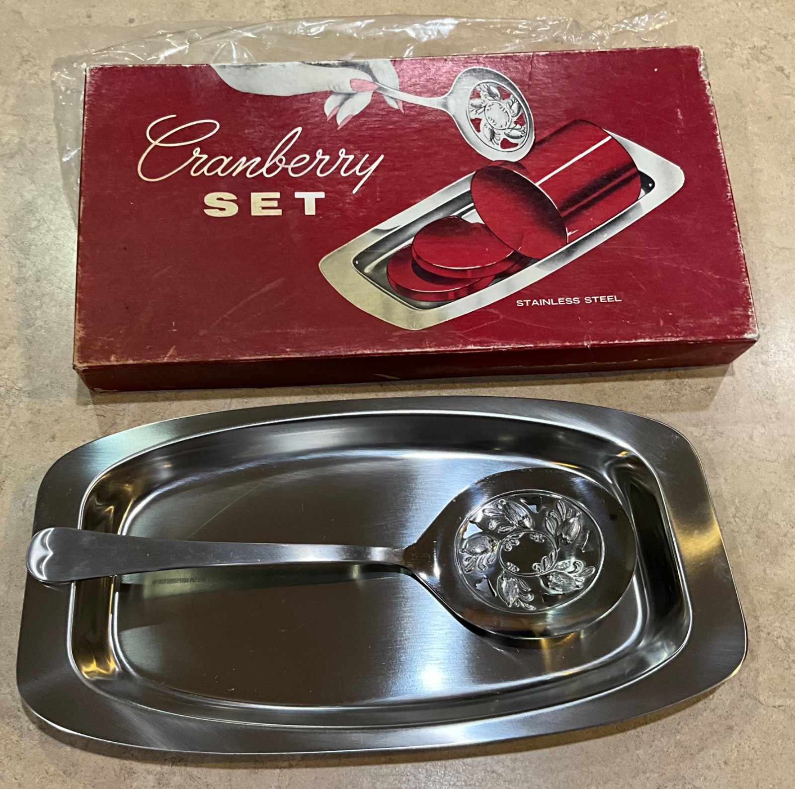 VTG-Cranberry Serving Set - Stainless steel Dish & Slotted Spoon, In Box, Unused