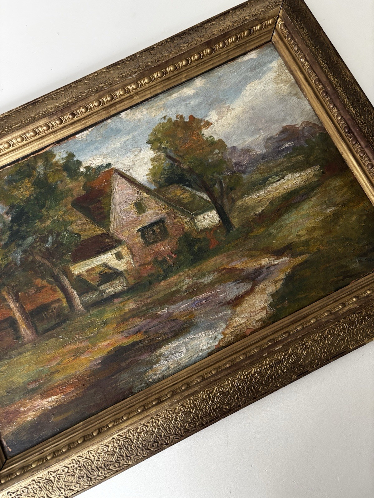Antique oil on wood landscape painting European Giltwood ornate frame 19th cent.
