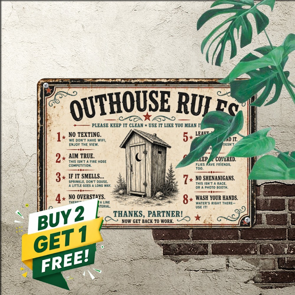 Outhouse Rules Farmhouse Metal Sign Funny Cabin Bathroom Toilet Wall Decor 8x12