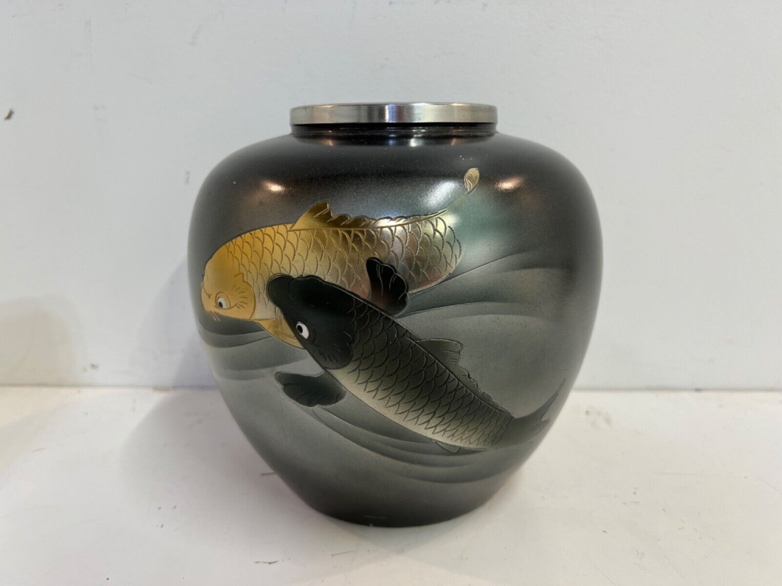 Vintage Koi Fish Japanese Etched Pottery Black and Gold Decorated Vase