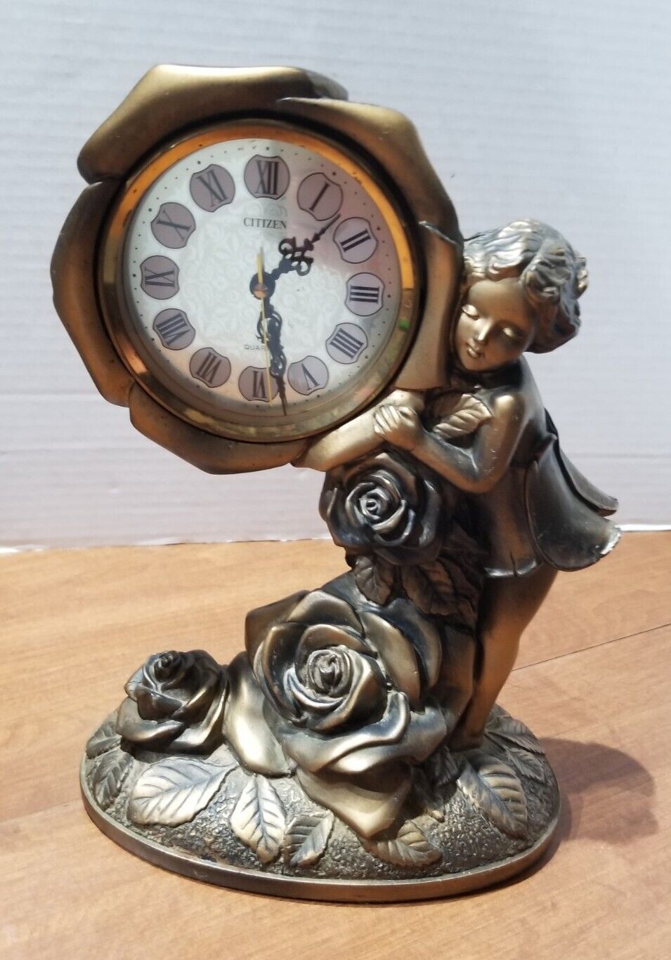 Antique Bronze Citizen/Quartz Mantel Clock - Girl/Roses Made in Japan