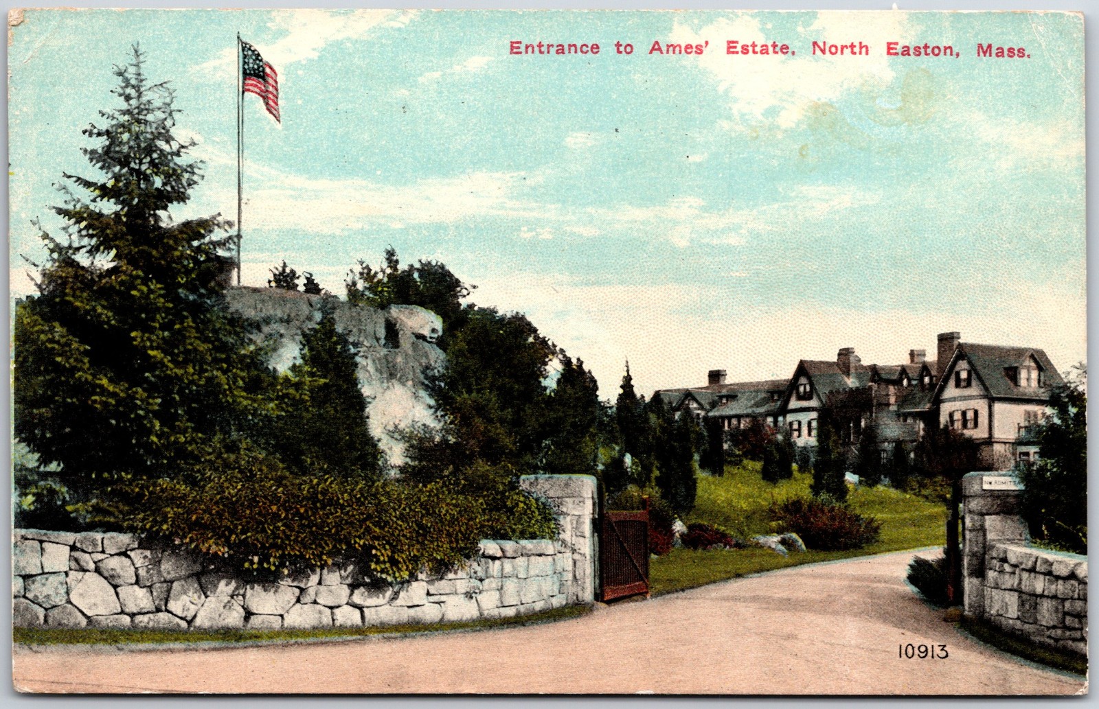 North Easton Massachusetts MA, 1911 Entrance to Ames Estate, Stone Wall Postcard