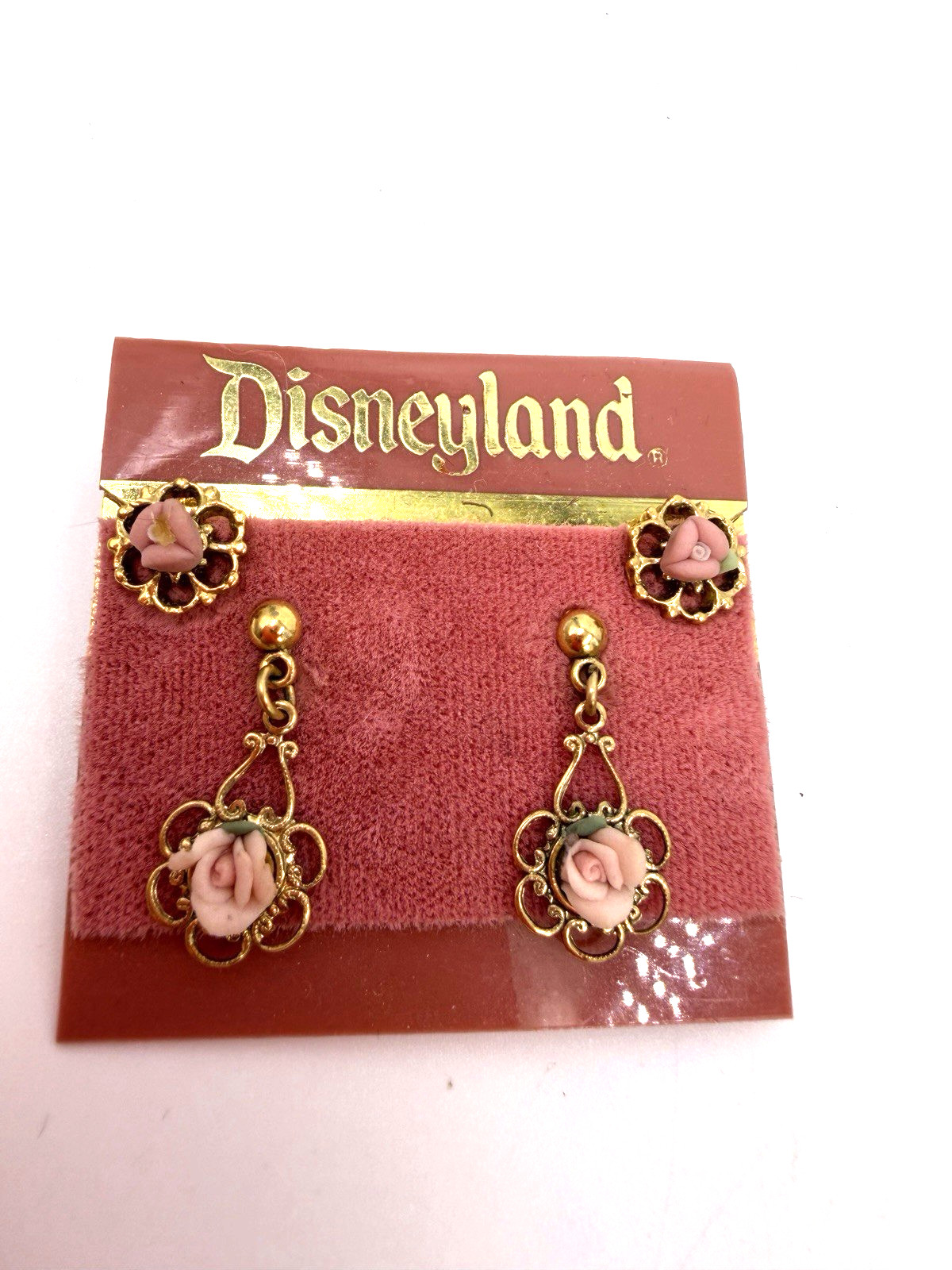 Vintage Earrings Disneyland Souvenir Porcelain Rose Set Jewelry Original Card