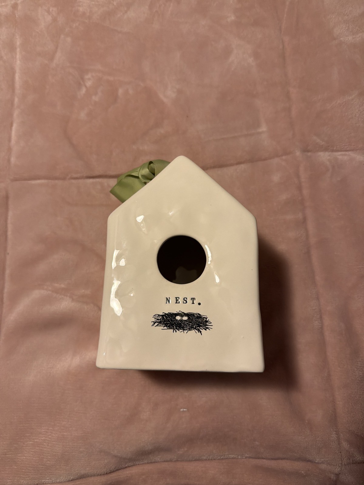 Rae Dunn NEST Ceramic Birdhouse with Green Ribbon Cream Rae Dunn NEST Ceramic Birdhouse with Green Ribbon Cream