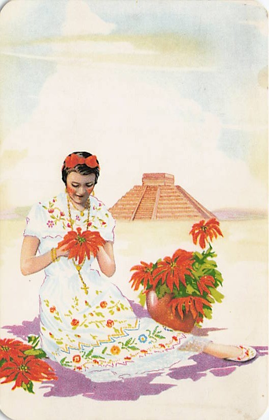 Postcard Mexico: Typical Dress of Yucatan, Woman & Pyramid, Poinsettias