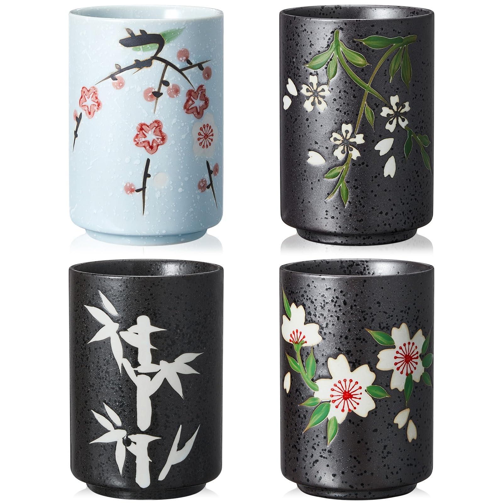Qinyoung 4 Pcs Japanese Tea Cups Ceramic 10 oz No Handle, Flower, Bamboo Qinyoung 4 Pcs Japanese Tea Cups Ceramic 10 oz No Handle, Flower, Bamboo