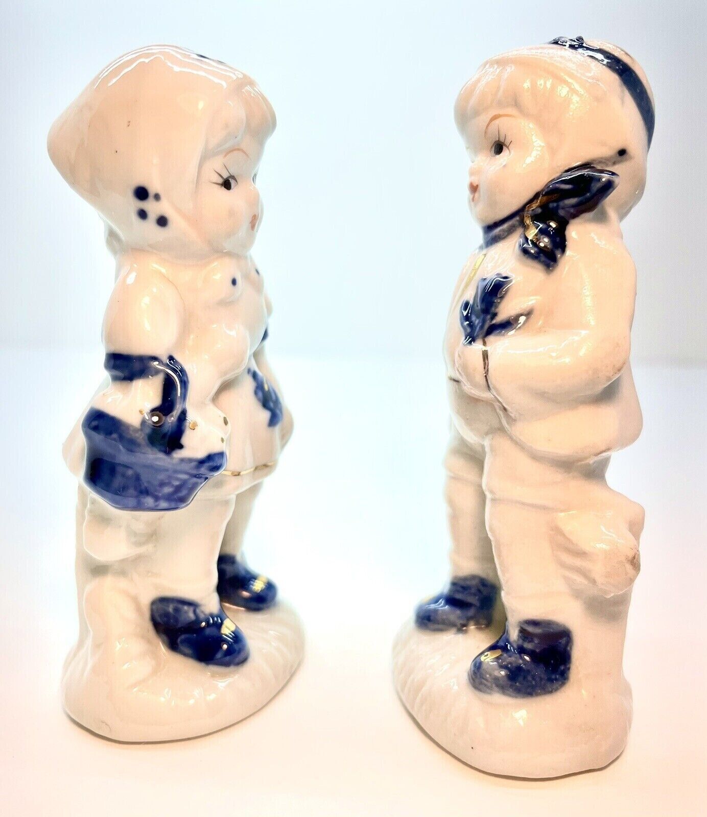 Vintage Holland Figurine Set Farm Boy Girl On Bench Porcelain Blue White Gold