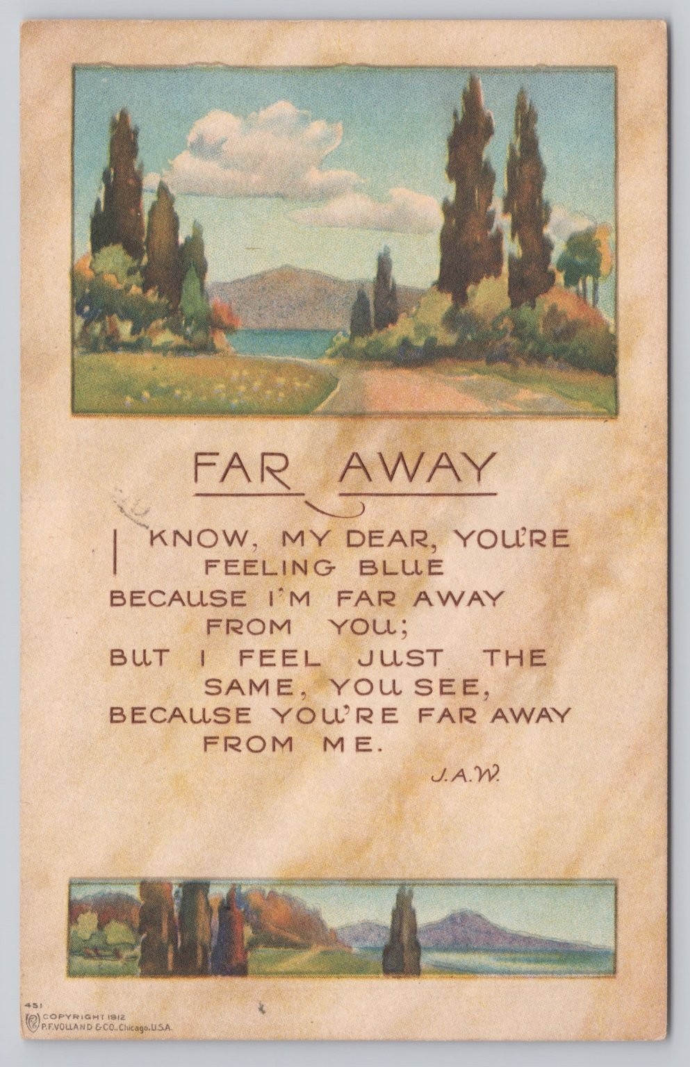 Vintage 1912 Far Away Sentimental Postcard P.F. Volland & Co.