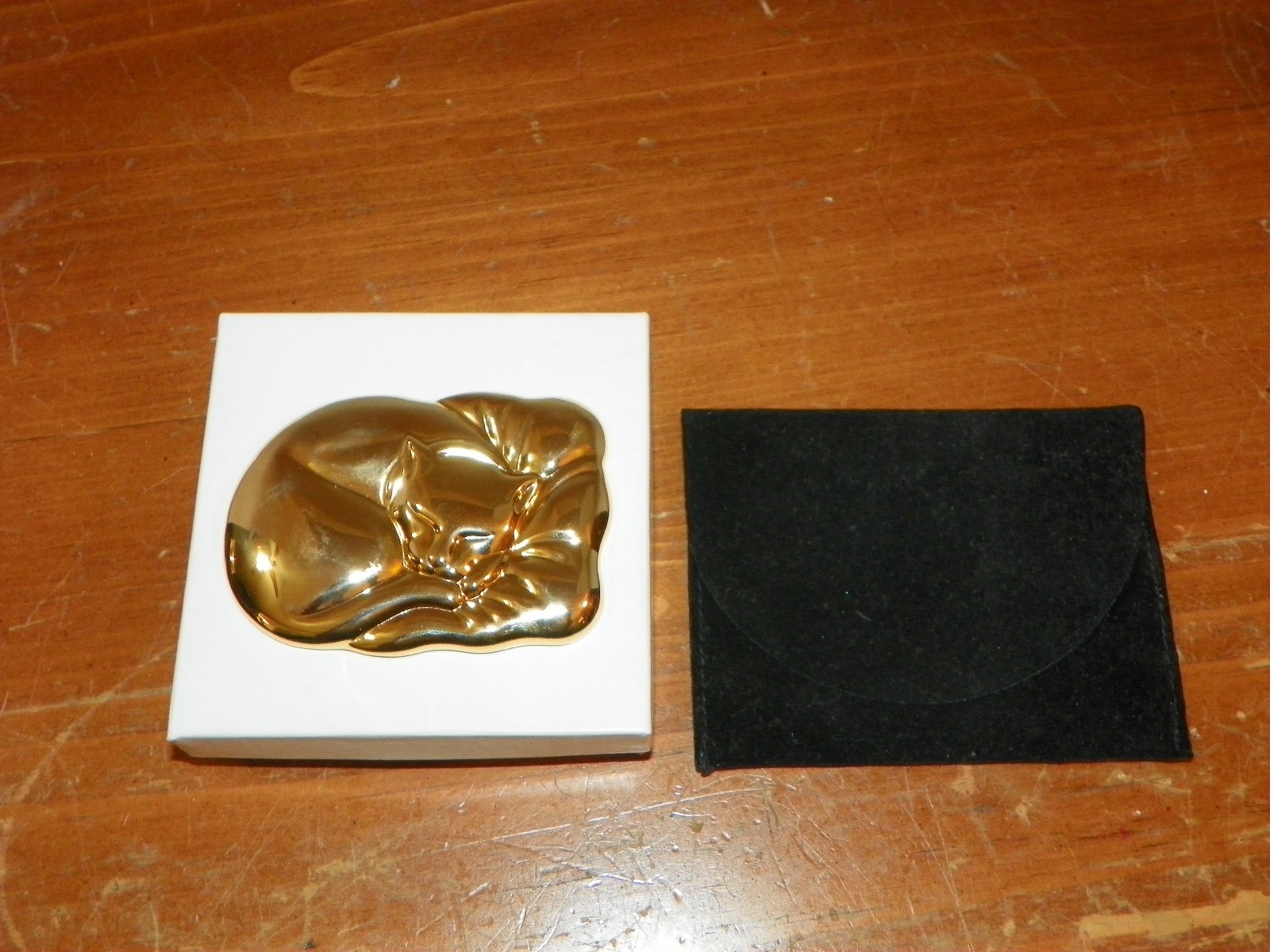 Vintage Estee Lauder Sleeping Cat Gold Tone Purse Mirror W/pouch case