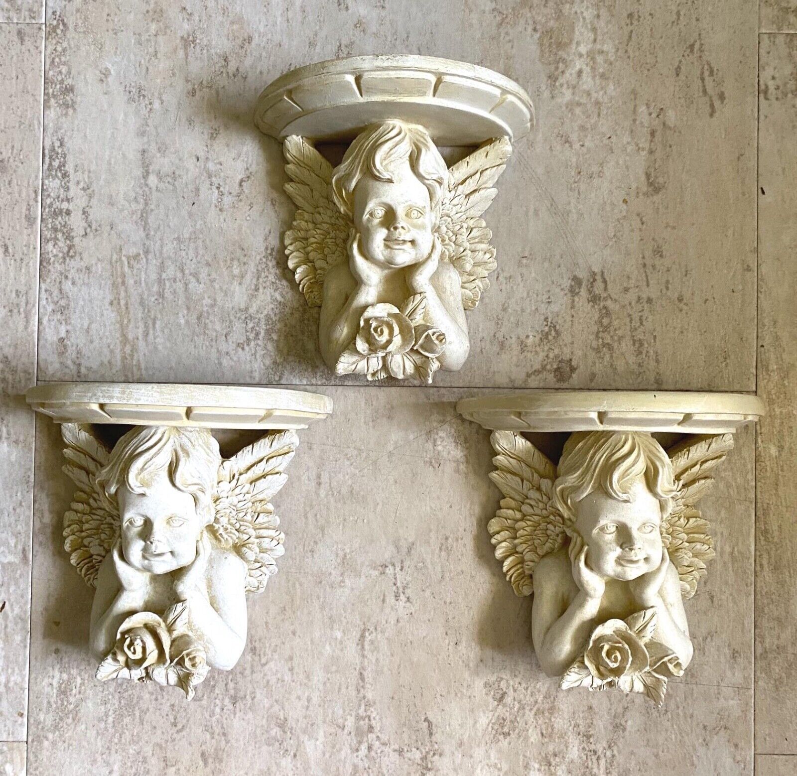Set of 3 Vintage Winged Cherub Putti Angels Wall Bracket Shelf Display Decor