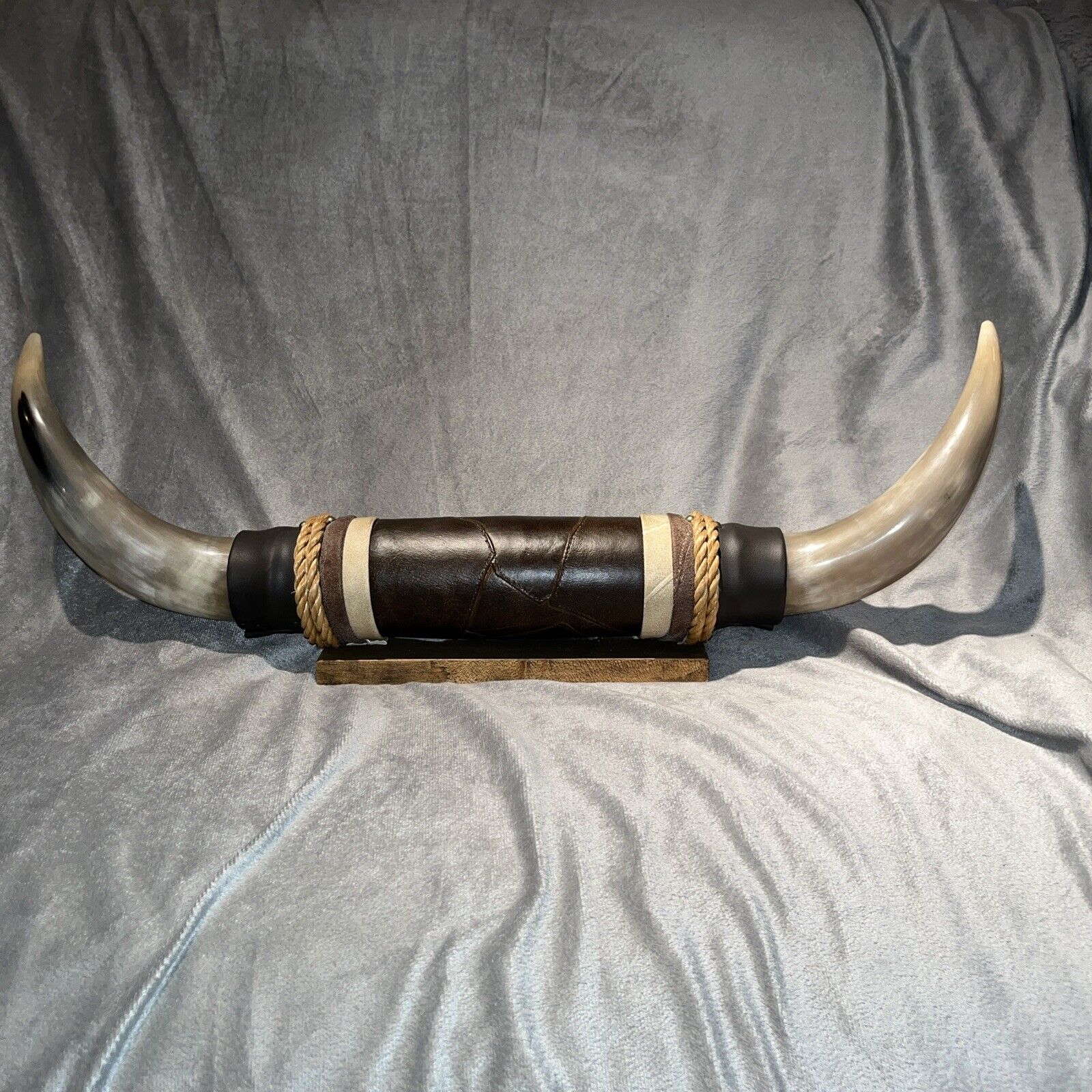 Vtg Mounted Steer Bull Horns Riveted Leather Jute Rope Wall  Mount 21.5” Wide