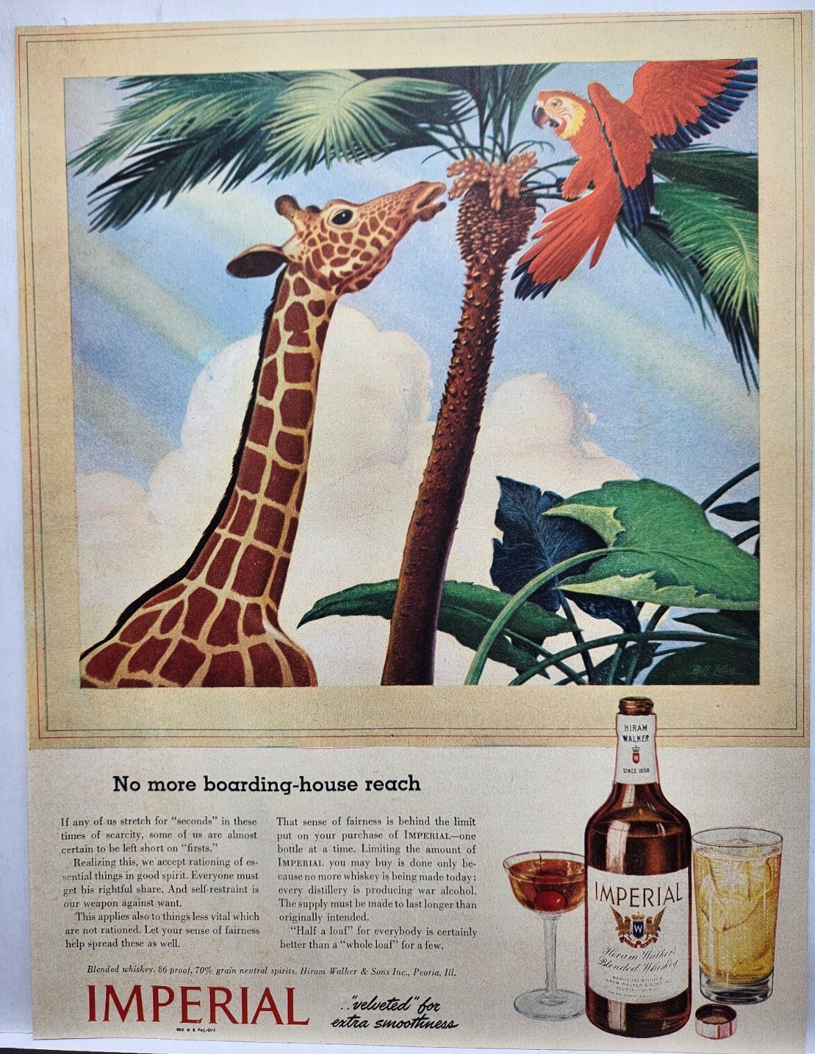 1943 Imperial Hiram Walker Whiskey Giraffe Cockatoo Original Print Ad Life Mag