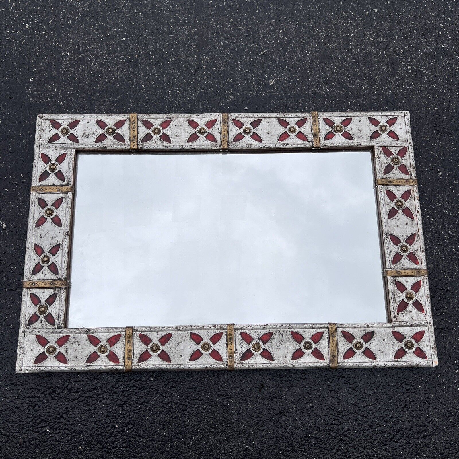 Mexican Brass Pewter Enameled Mirror