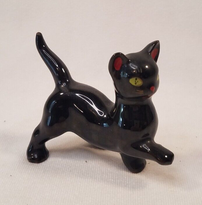 Vintage Mini Black Cat Figurine Ceramic Japan Mid Century Green Eye Prancing 3\