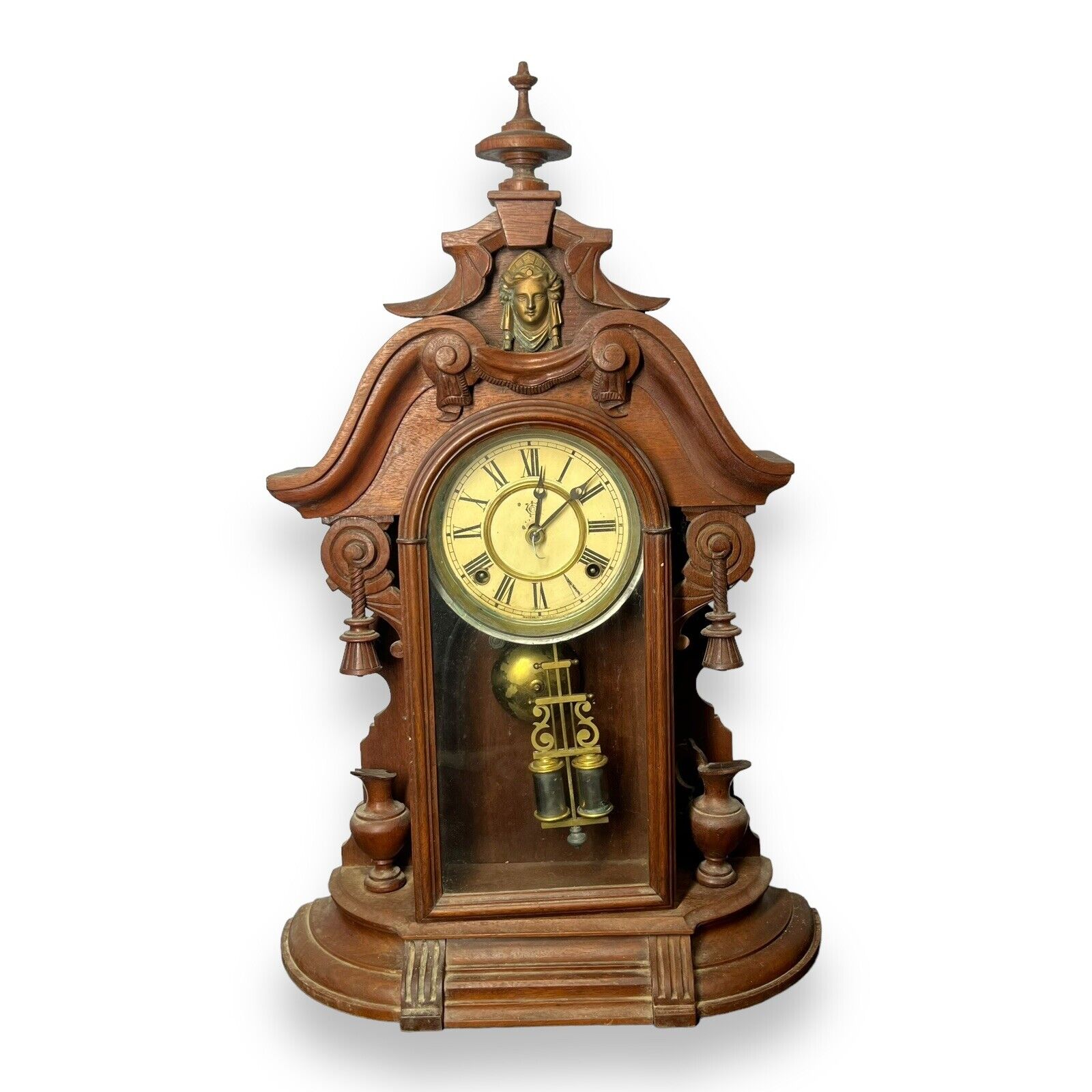 1870’s Antique USA WATERBURY Striking Clock CARVED Walnut HJ Davies Case (Runs)