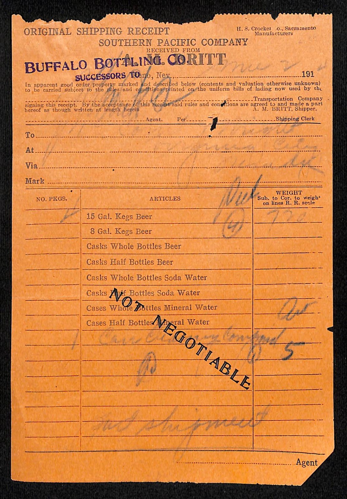 Buffalo Bottling / Southern Pacific RR 1914 Pre Pro Shipping Receipt