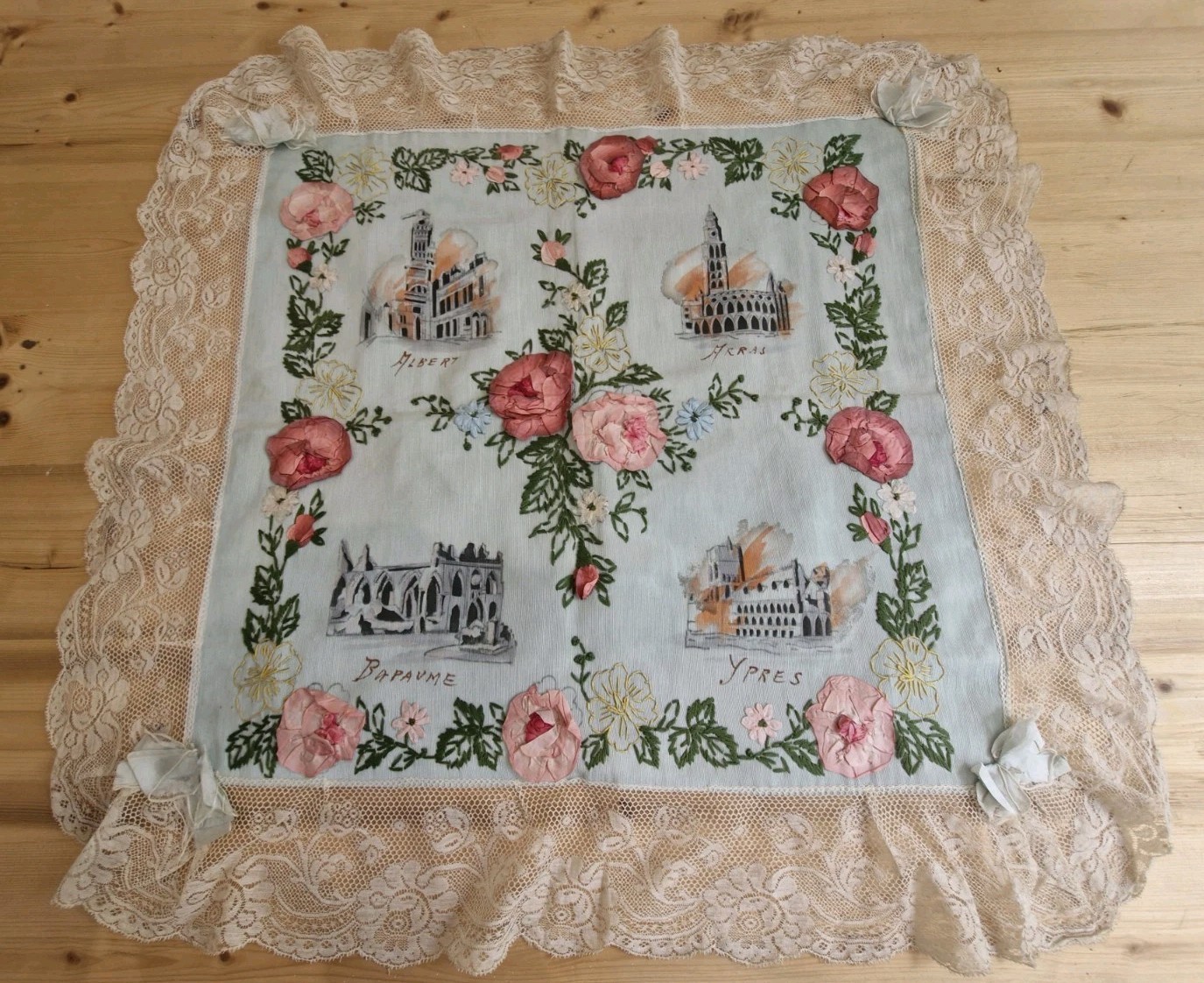 ANTIQUE FRENCH LACE PILLOW COVER RIBBONWORK SAMPLER 1918