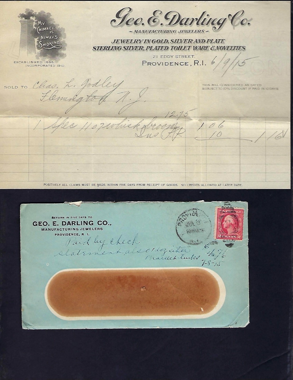 1915 Geo. E. Darling Co. Providence RI Billhead & Envelope – Jewelry Silversmith