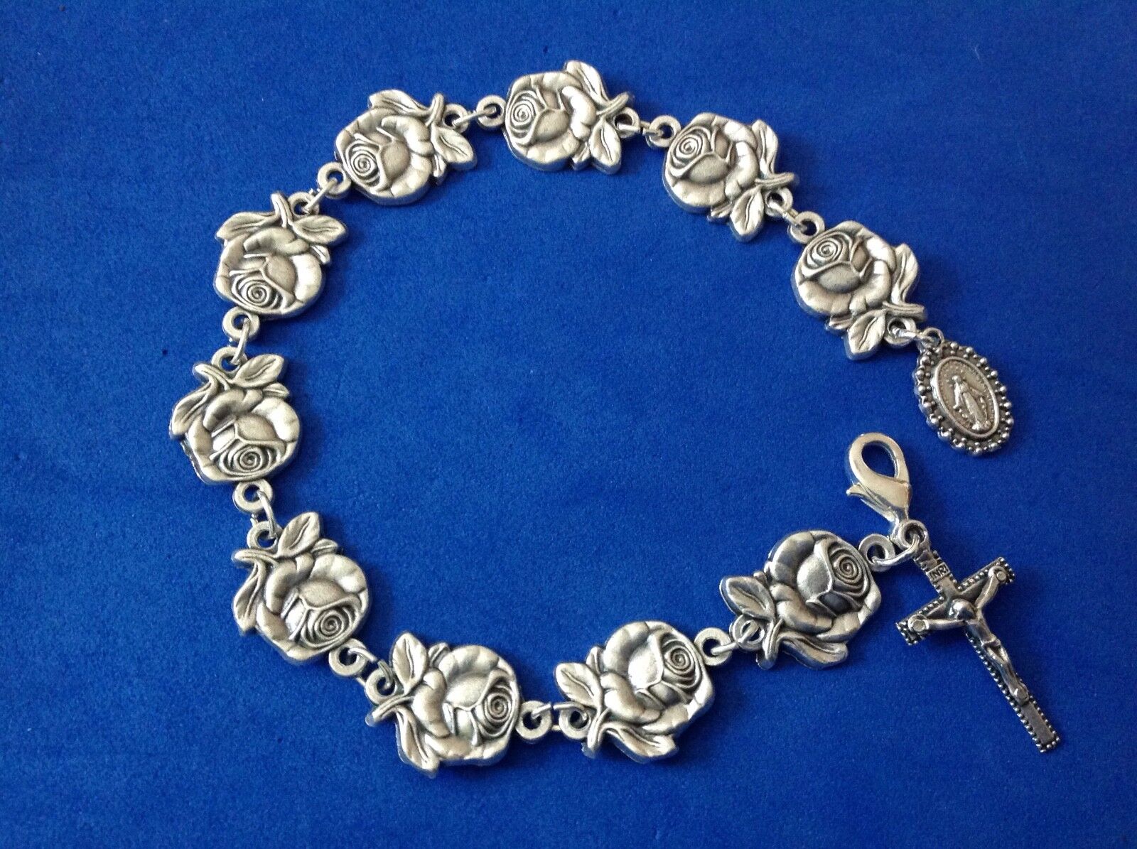 Miraculous Rosary Bracelet ROSES Crucifix Oxidized Metal Saint Medal 8.5” HandMa