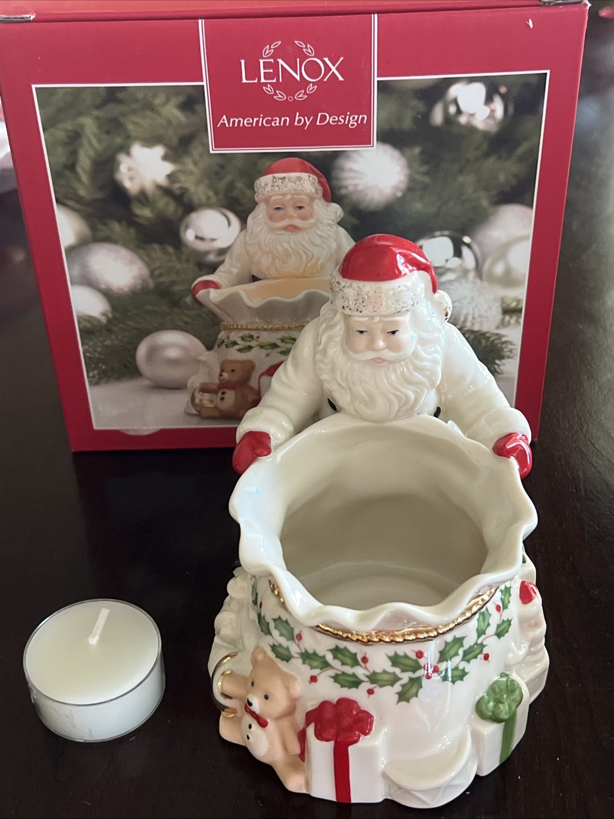 Lenox Santa Holiday Votive Holder Tealight Porcelain Holly Gold Trim W/ BOX -NEW