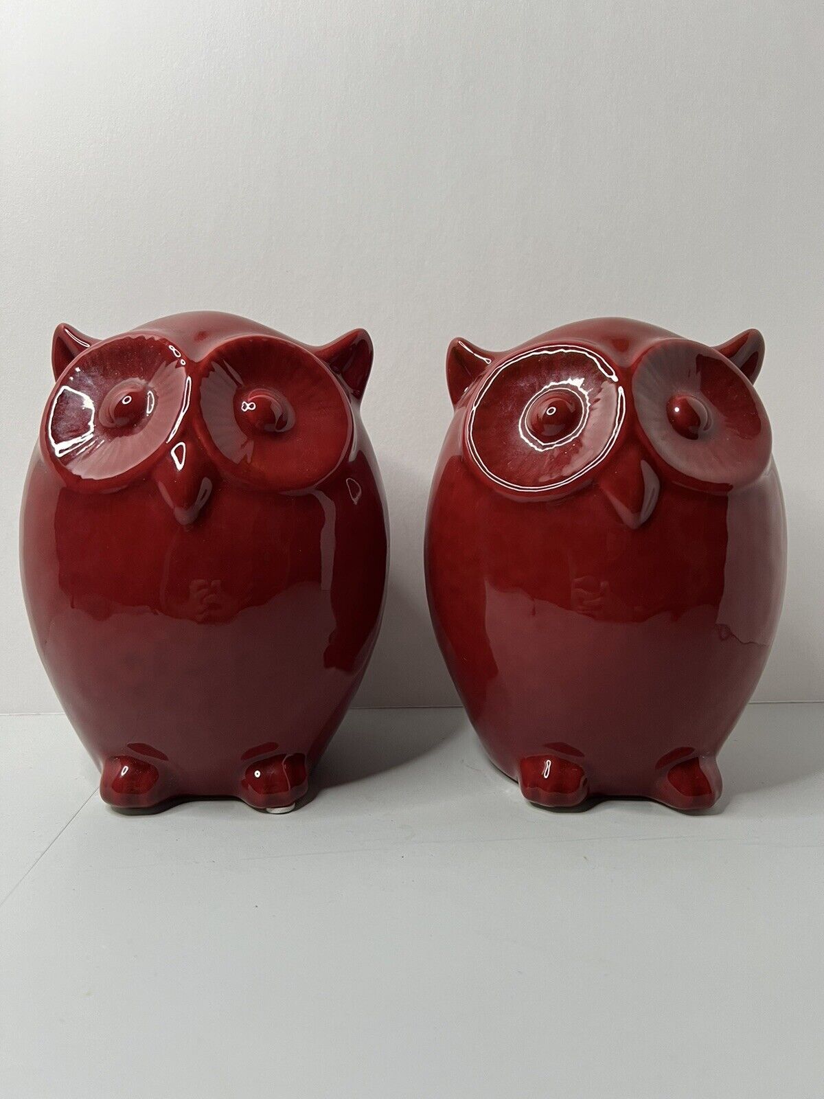 Ceramic Owl Pair, Two Red Owls, 7 In Tall Decorative Ceramics
