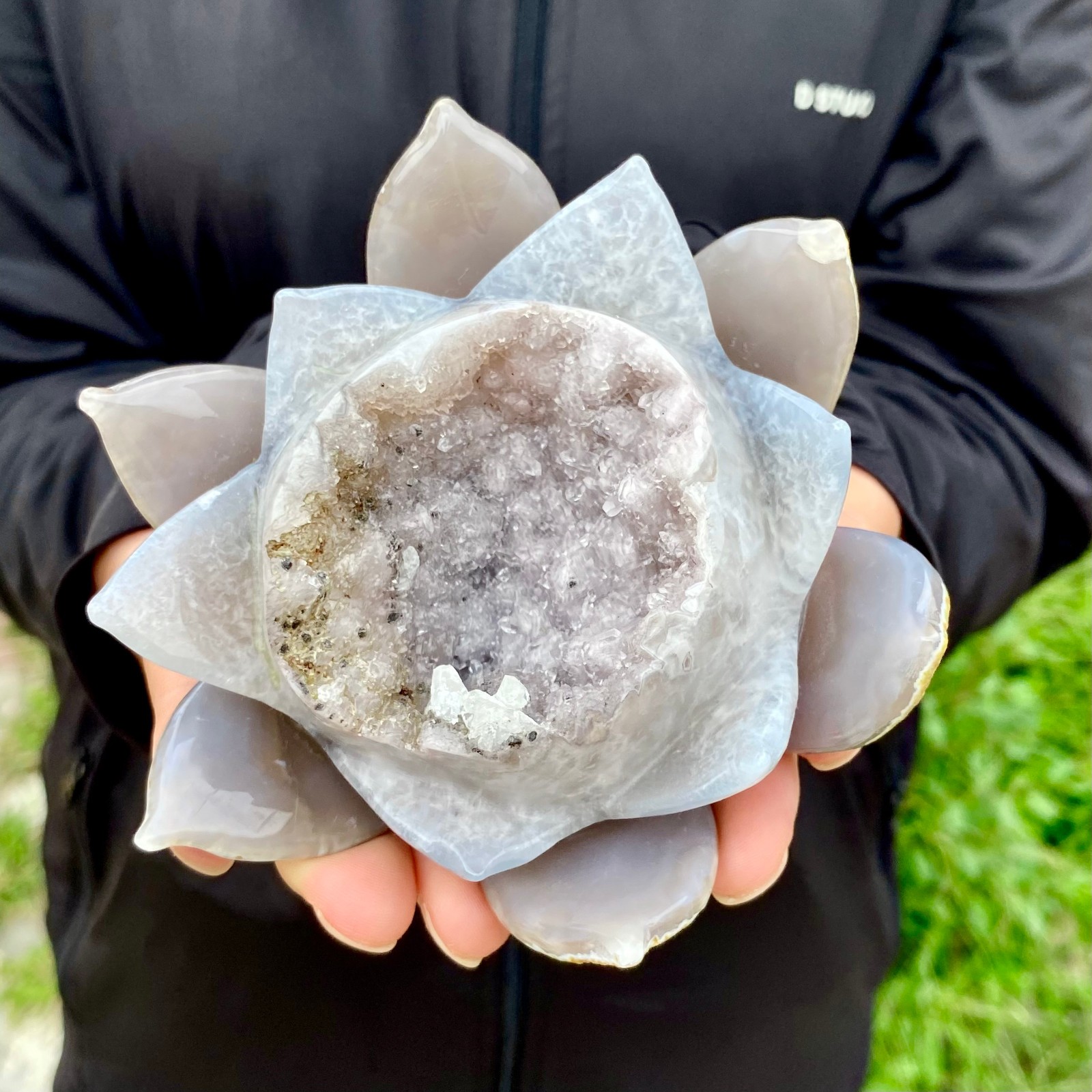 417G Natural Agate Geode Carved Lotus Flower, Hand Carved Healing Crystal Home D
