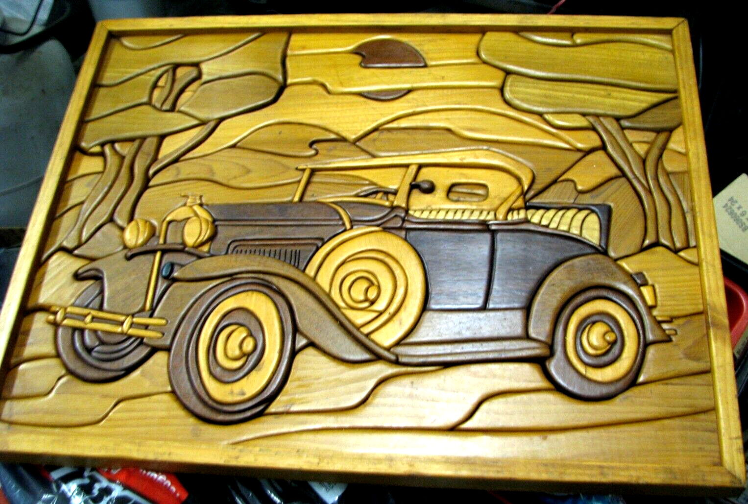 Vintage SIGNED Lath Wood Mosaic Model A in the dessert