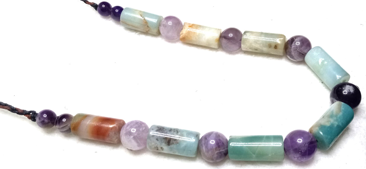 Amazonite  tubes and Amethyst beads  hand Braided Adjustable Necklace
